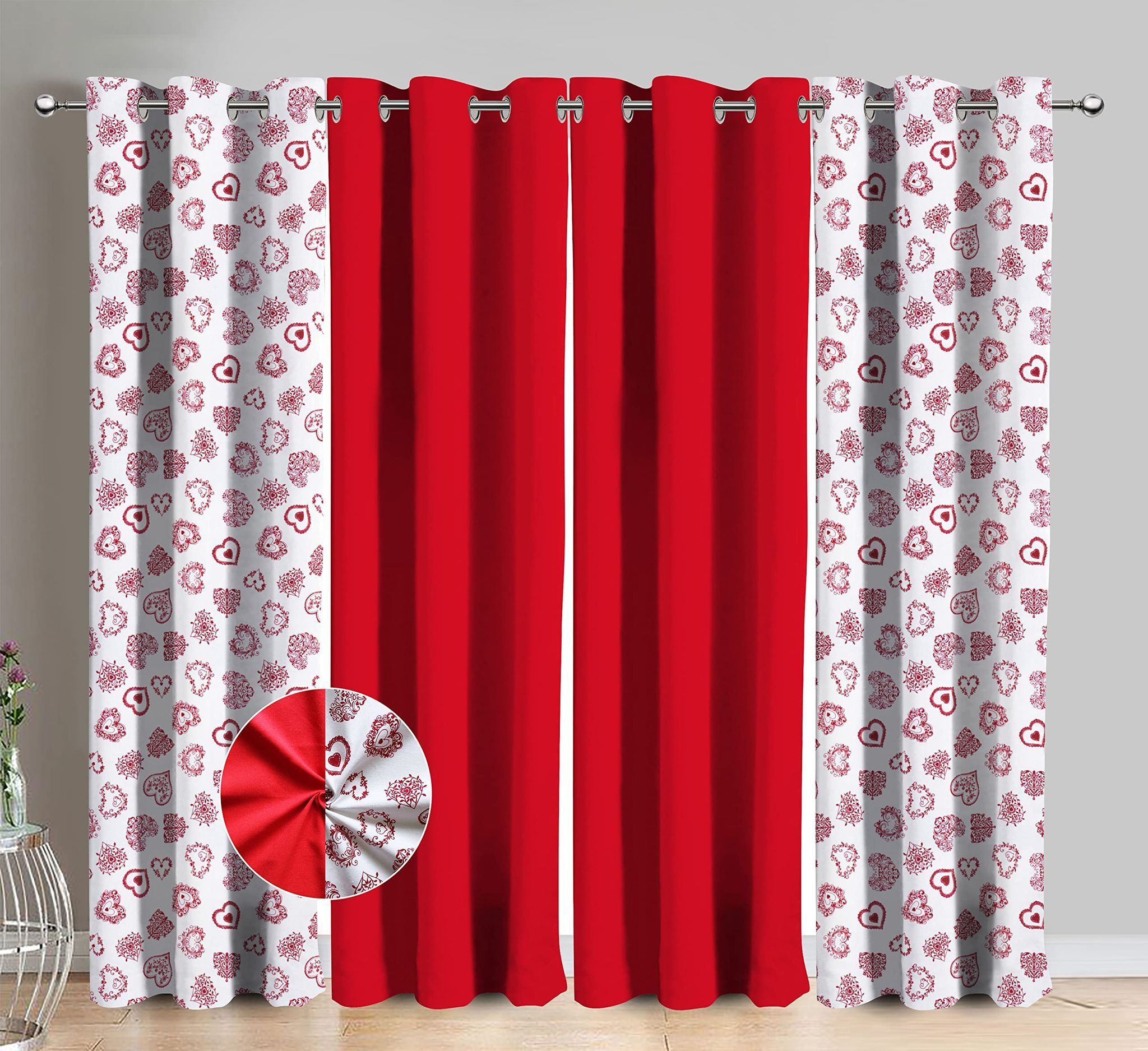 AIRWILL Cotton X Mass Heart Printed & Solid Pattern Long Door Curtains 275 / 9ft Length - (Red, Pack of 4)