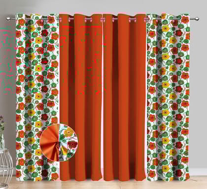 AIRWILL Cotton Orange Flower Floral & Solid Pattern Long Door Curtains 275 / 9ft Length - (Orange, Pack of 4)