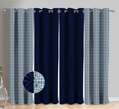 AIRWILL Cotton Iron Dobby Blue Checkered & Solid Pattern Long Door Curtains 275 / 9ft Length - (Blue, Pack of 4)
