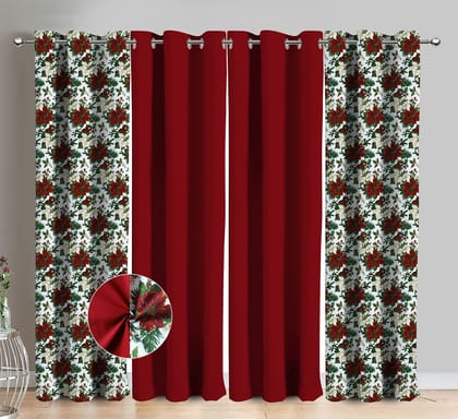 AIRWILL Cotton Maroon Flower Floral & Solid Pattern Long Door Curtains 275 / 9ft Length - (Red, Pack of 4)