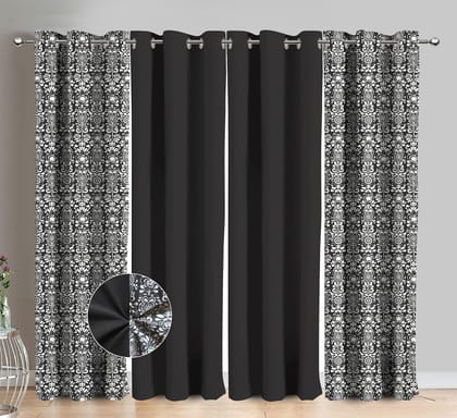 AIRWILL Cotton Gray Damask Printed & Solid Pattern Long Door Curtains 275 / 9ft Length - (Grey, Pack of 4)