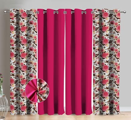 AIRWILL Cotton Small Pink Rose Floral & Solid Pattern Long Door Curtains 275 / 9ft Length - (Pink, Pack of 4)