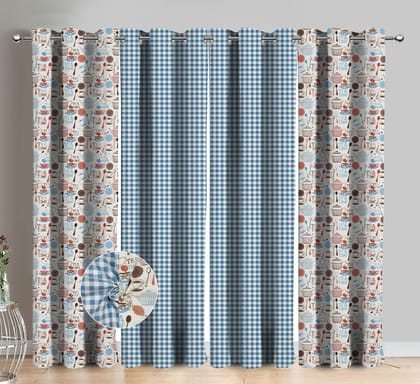 AIRWILL Cotton Blue Pasiley Printed & Solid Pattern Long Door Curtains 275 / 9ft Length - (Blue, Pack of 4)