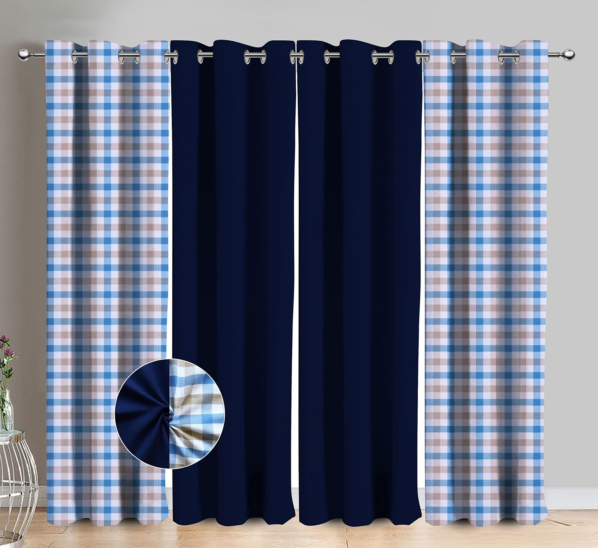 AIRWILL Cotton Lanfranki Blue Checkered & Solid Pattern Long Door Curtains 275 / 9ft Length - (Blue, Pack of 4)