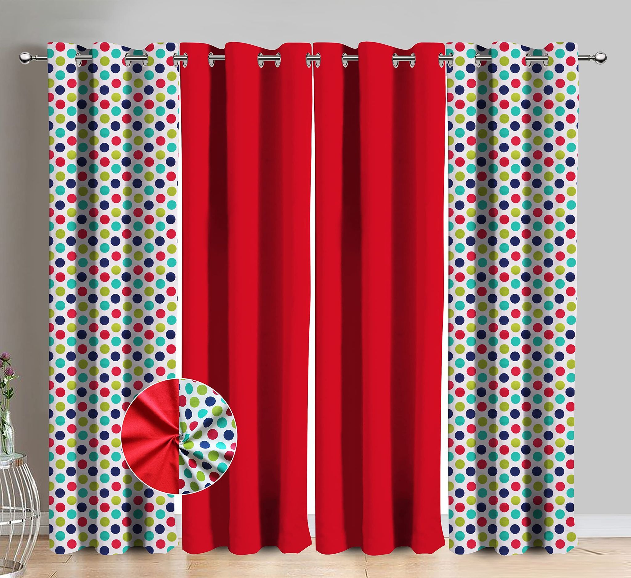 AIRWILL Cotton Polka Dot Red Polka & Solid Pattern Long Door Curtains 275 / 9ft Length - (Red, Pack of 4)