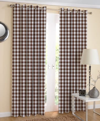 AIRWILL, Cotton Gingham Check Brown Designed Eyelet Door Curtains Pack of 2 Pieces (4 x 9 ft (Brown))
