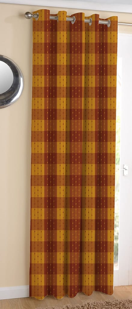 AIRWILL, Cotton Checkered Pattern Long Door - 4x9ft Curtains - (Pack of 1 pc) - Maroon, Yellow