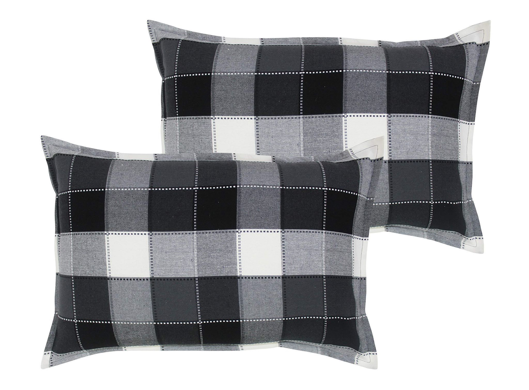 Airwill 100% Cotton Checkered Pattern Flap Pillow Covers (46x69cm)(Black, Grey, Pack of 2 Pieces)