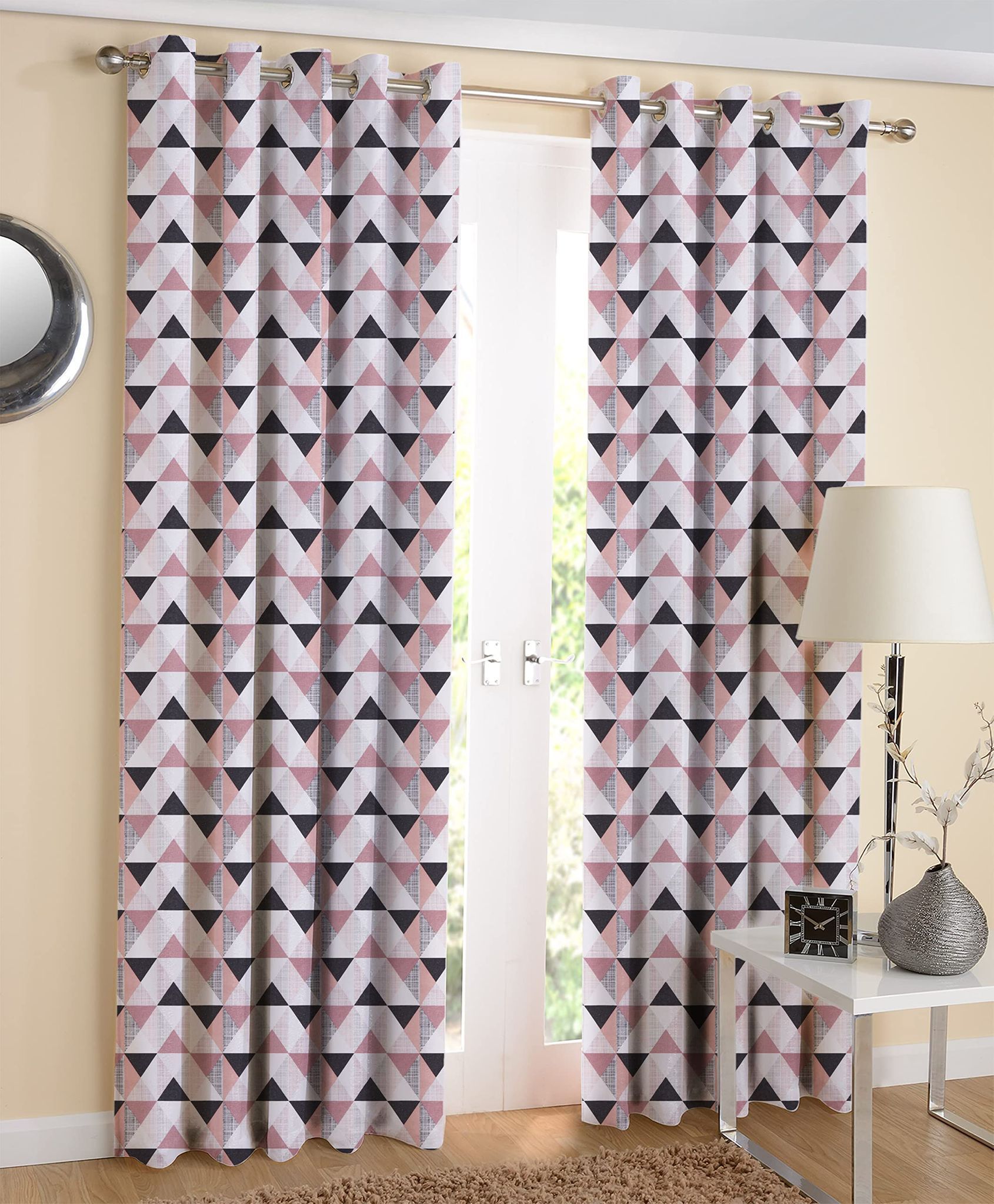 AIRWILL, Cotton Trigon Designed Geometrical Designer Themed Designer Long Door Curtains, Sized 4ft in Width and 9ft in Length. Pack of 2 Pieces