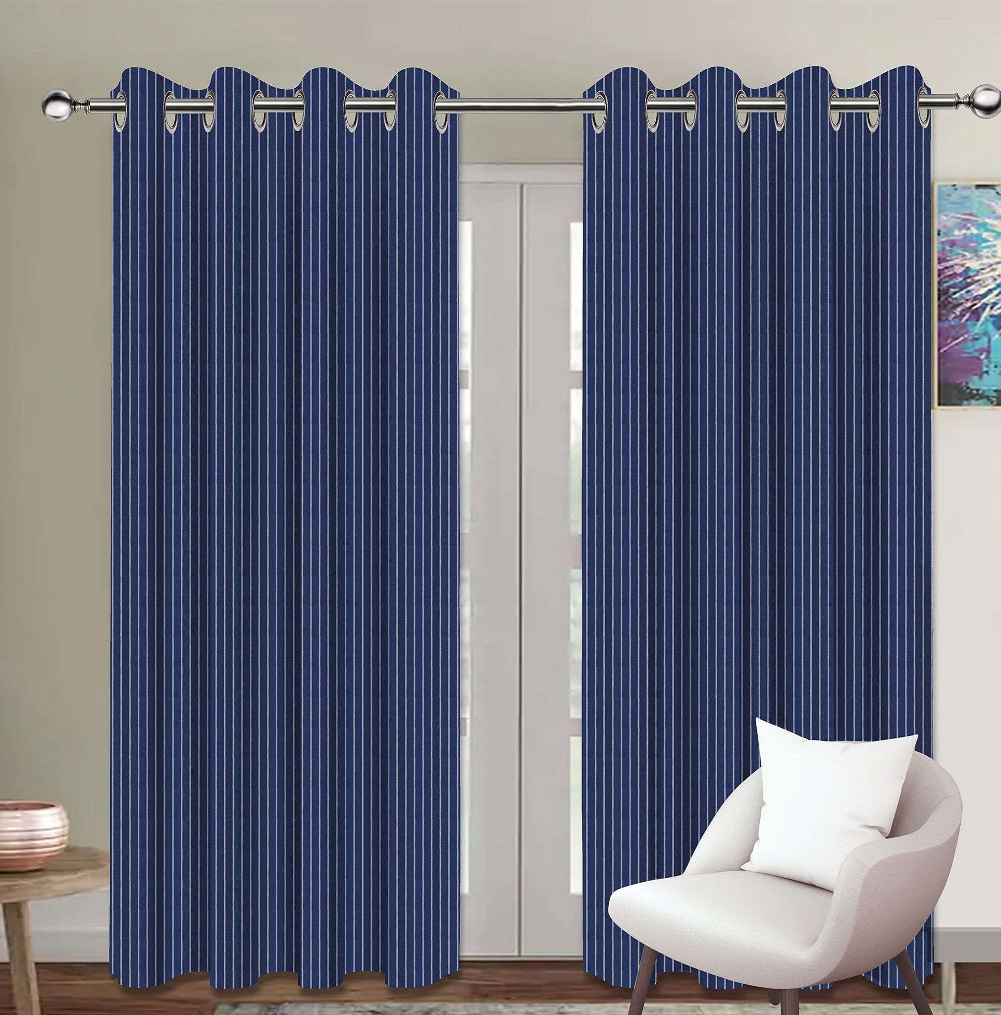 AIRWILL, Cotton Pin Stripe Blue Designed Striped Pattern Long Door - 4x9ft Curtains - (Pack of 2 pcs) - Blue