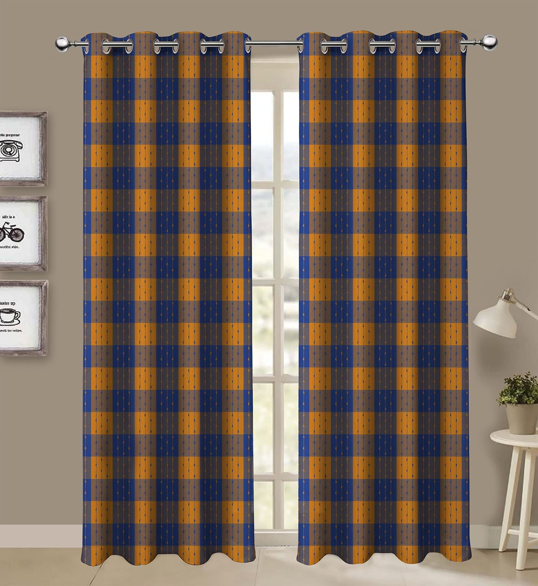 AIRWILL, Cotton Beast Blue Designed Checkered Pattern Long Door - 4x9ft Curtains - (Pack of 2 pcs) - Blue, Yellow