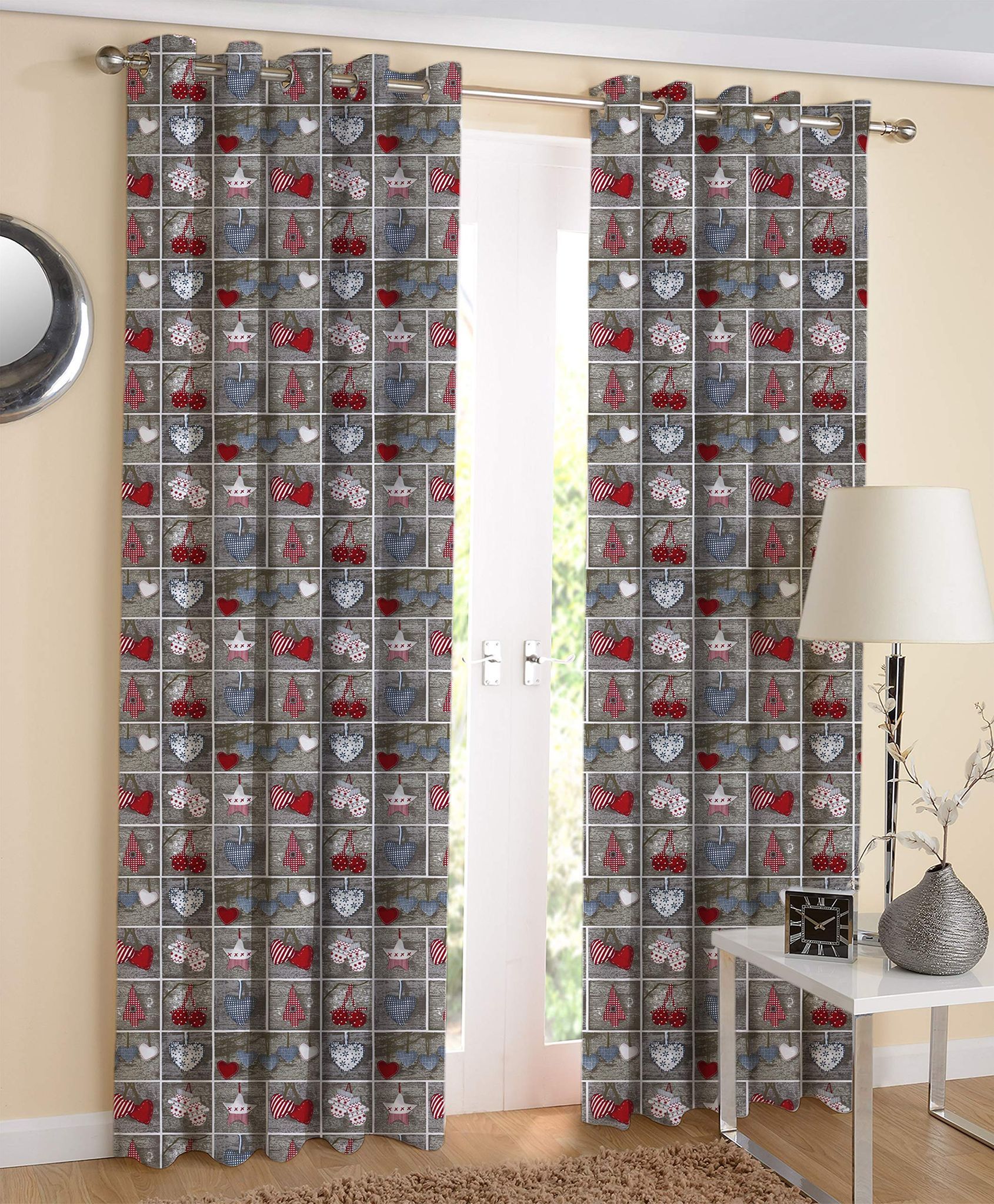 AIRWILL 100% Cotton X Mass Heart Designed Printed Pattern Long Door Curtains Sized, 9ft Length (Grey,Red, Pack of 2 pcs)