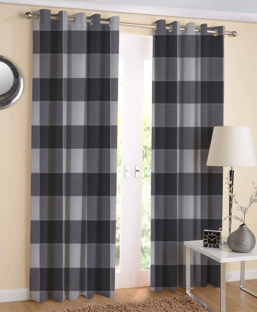 AIRWILL Black Checkered Pattern Cotton 4-Way Dobby Black Designed Long Door Curtains 4x9ft Pack of 2 Pieces