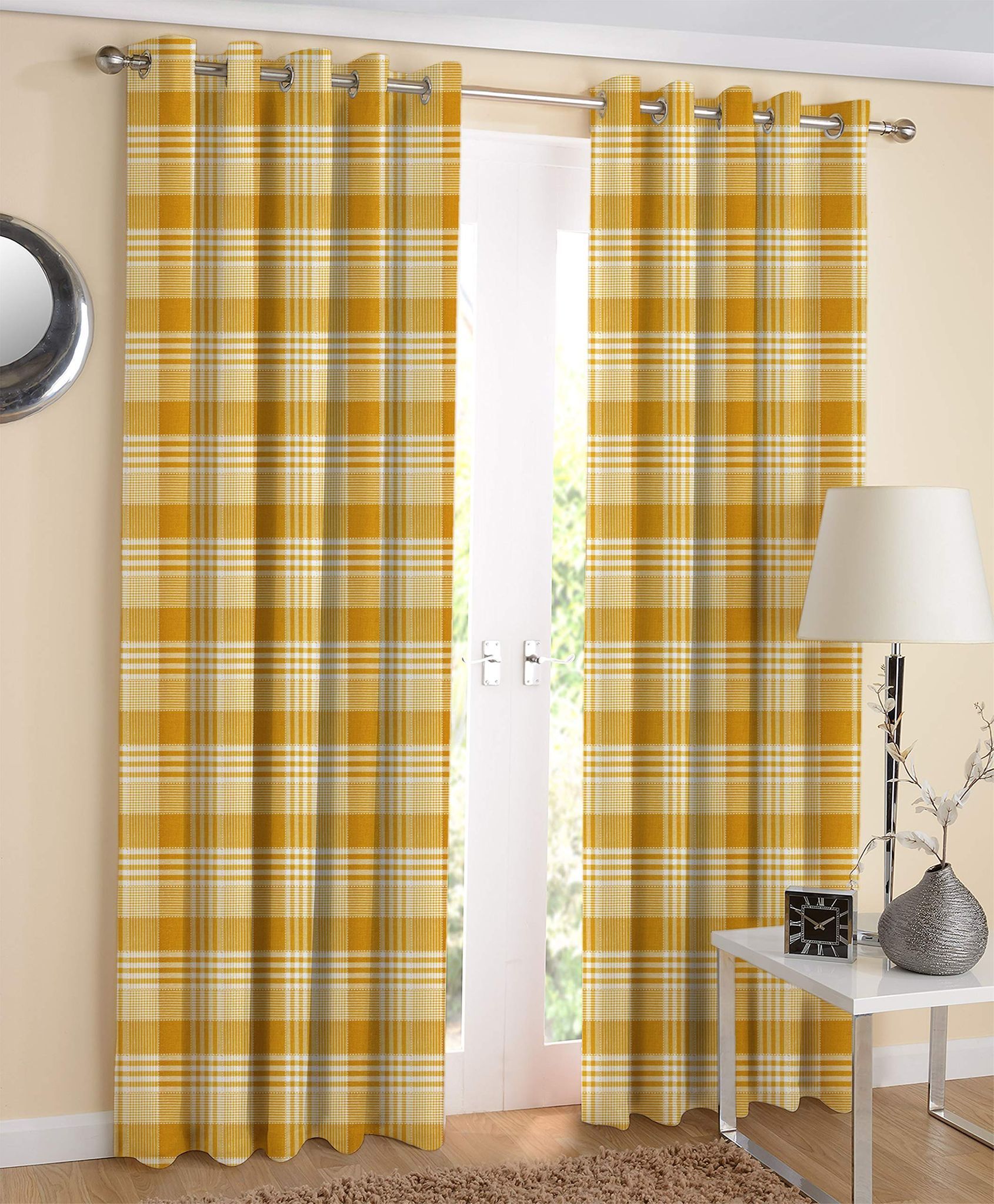 AIRWILL Yellow Checkered Pattern Cotton Track Dobby Yellow Designed Long Door Curtains 4x9ft Pack of 2 Pieces