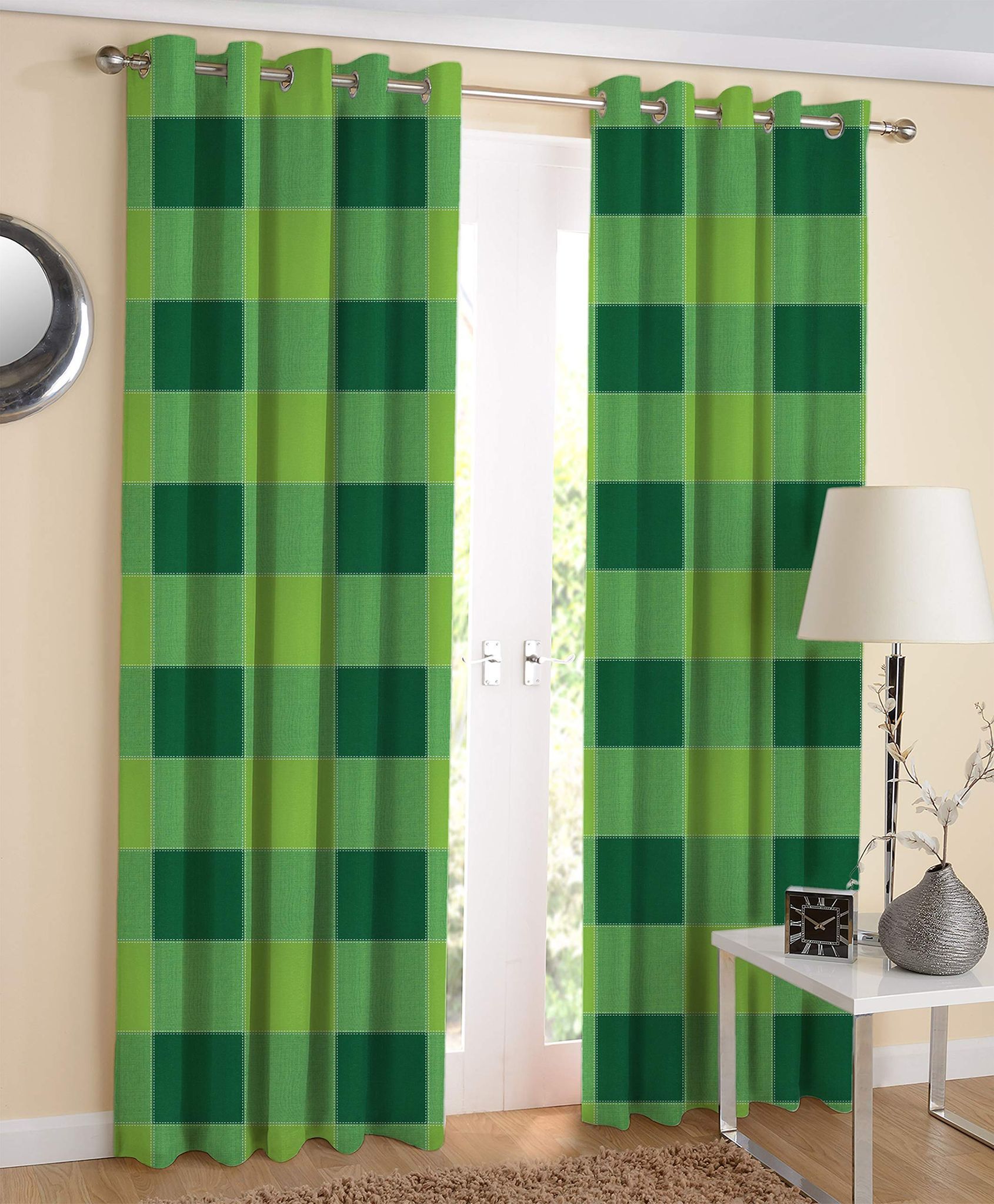 AIRWILL Green Checkered Pattern Cotton 4-Way Dobby Green Designed Long Door Curtains 4x9ft Pack of 2 Pieces