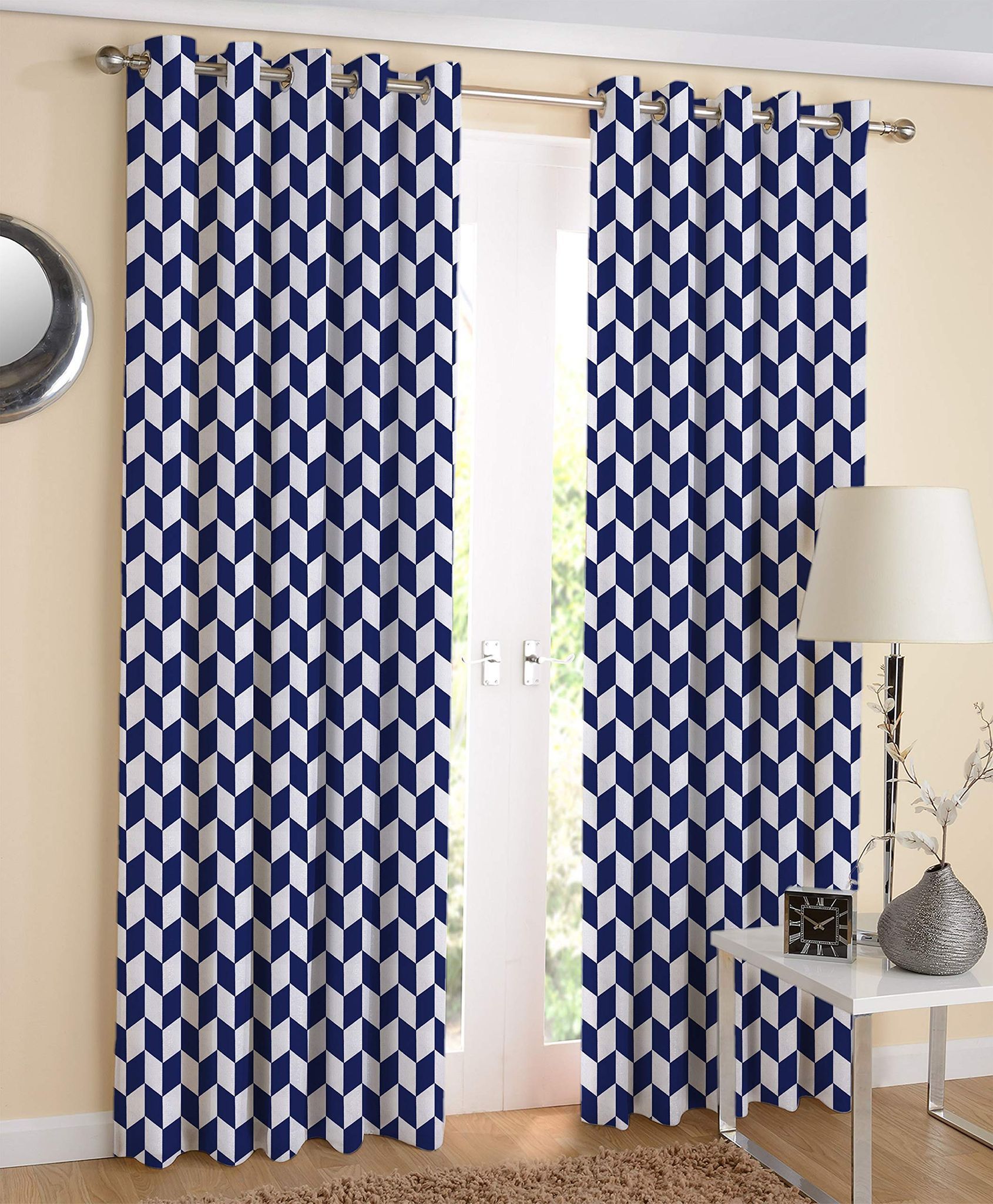 AIRWILL Blue Geometric Pattern Cotton Classic Diamond Royal Blue Designed Long Door Curtains 4x9ft Pack of 2 Pieces