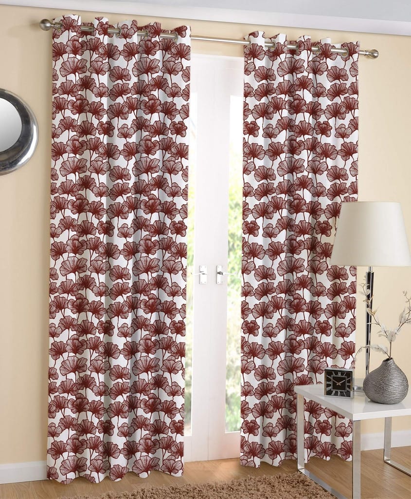 AIRWILL Maroon Floral Pattern Cotton Single Leaf Brown Designed Long Door Curtains 4x9ft Pack of 2 Pieces - Flowers | Buy online on ZillyBuy