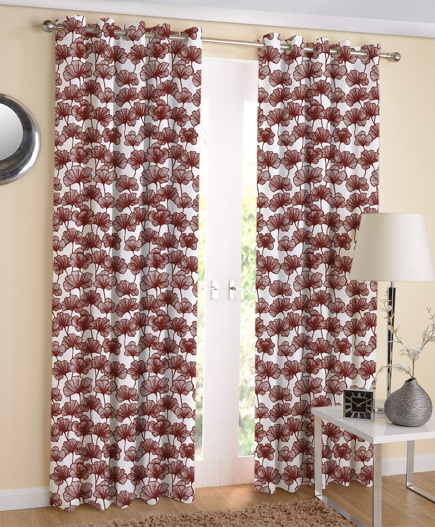 AIRWILL Maroon Floral Pattern Cotton Single Leaf Brown Designed Long Door Curtains 4x9ft Pack of 2 Pieces