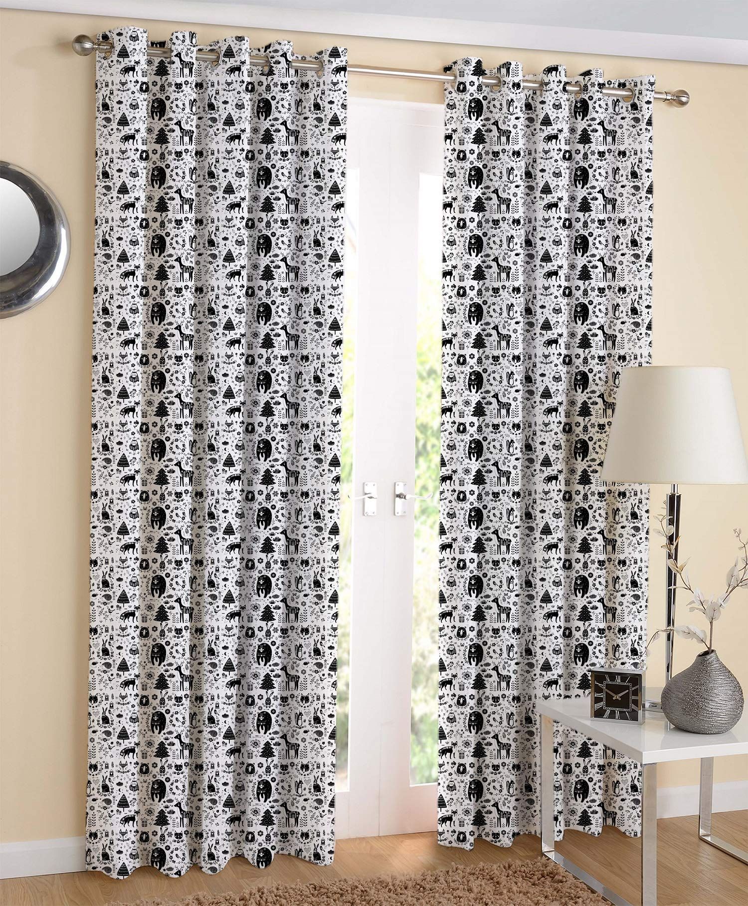 AIRWILL White & Black Printed Pattern Cotton Wild Animals Designed Long Door Curtains 4x9ft Pack of 2 Pieces