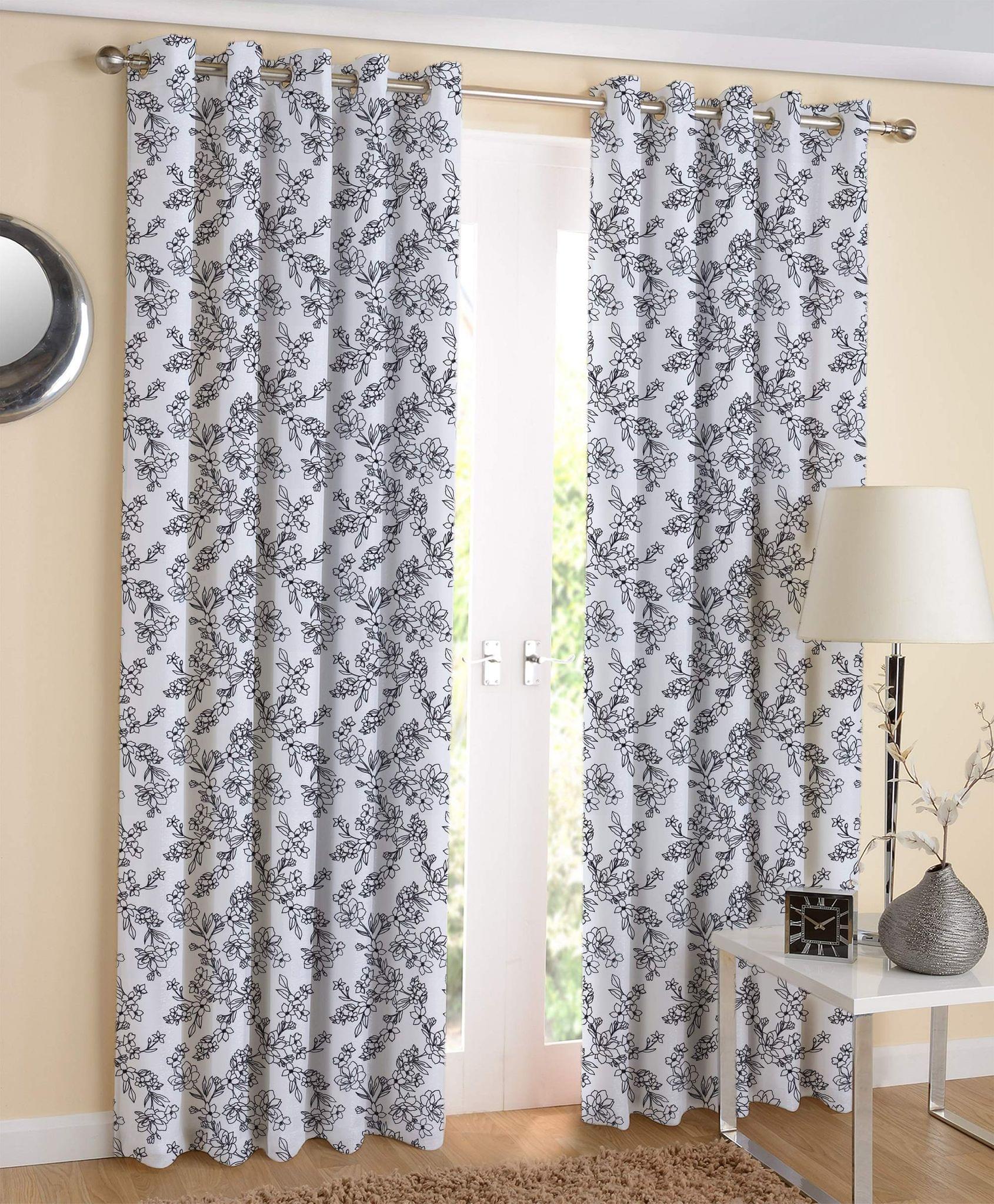 AIRWILL White & Black Floral Pattern Cotton Pencil Flower Designed Long Door Curtains 4x9ft Pack of 2 Pieces