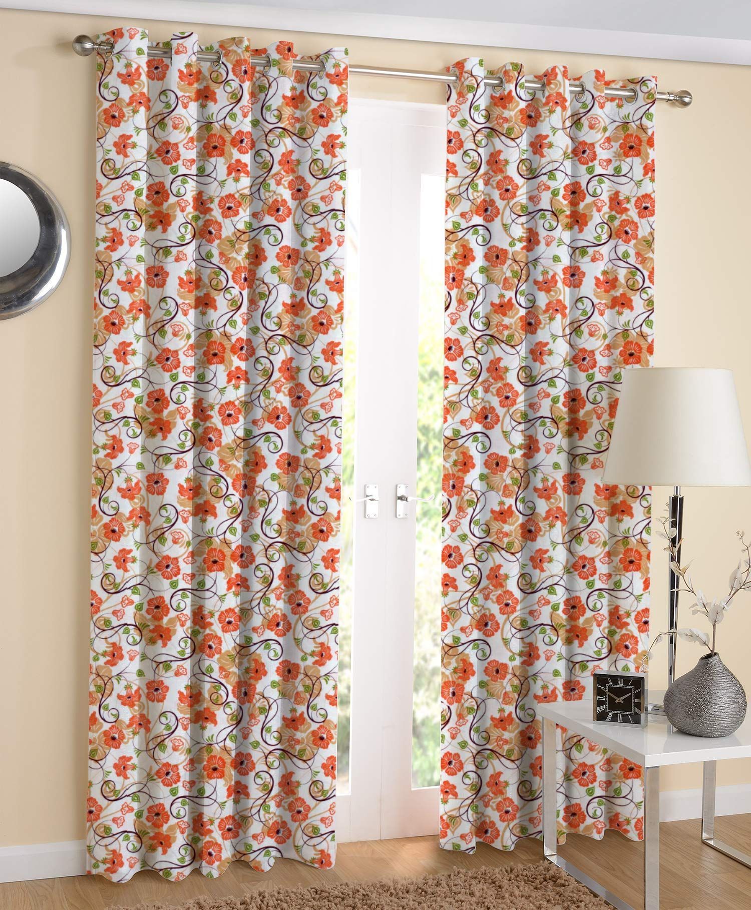 AIRWILL Cotton Orange Flower Designed Long Door Curtains 4x9ft Pack of 2 Pieces