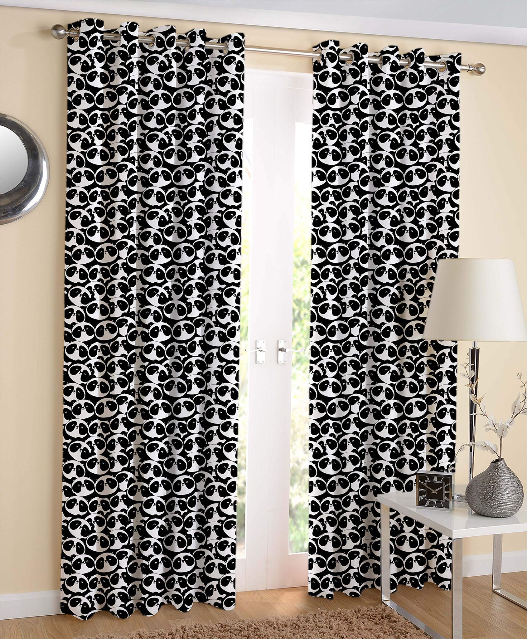 AIRWILL White & Black Self Design Pattern Cotton Panda Desinged Long Door Curtains 4x9ft Pack of 2 Pieces
