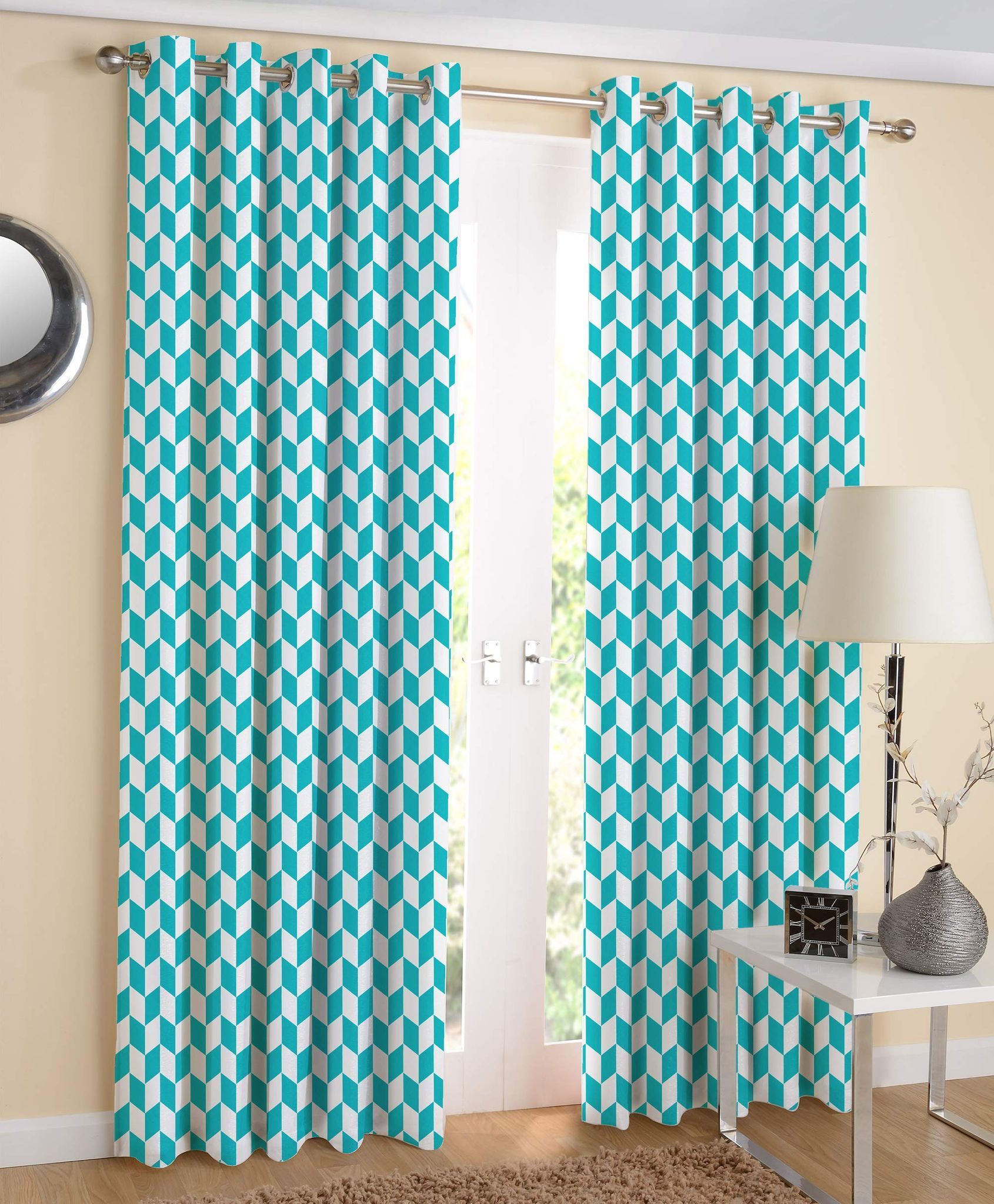 AIRWILL Sea Blue Geometric Pattern Cotton Classic Diamond Sea Blue Designed Long Door Curtains 4x9ft Pack of 2 Pieces