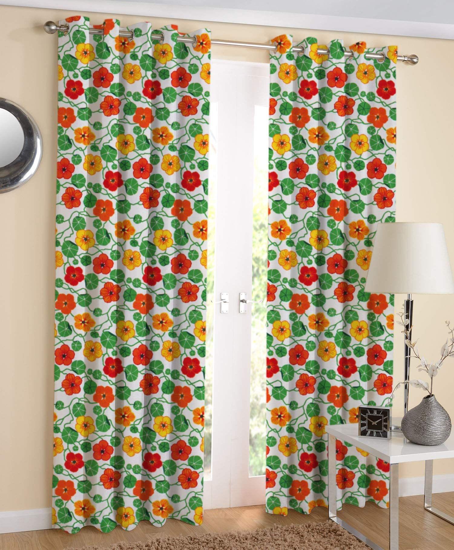 AIRWILL Orange & Green Floral Pattern Cotton Green & Orange Flower Designed Long Door Curtains 4x9ft Pack of 2 Pieces