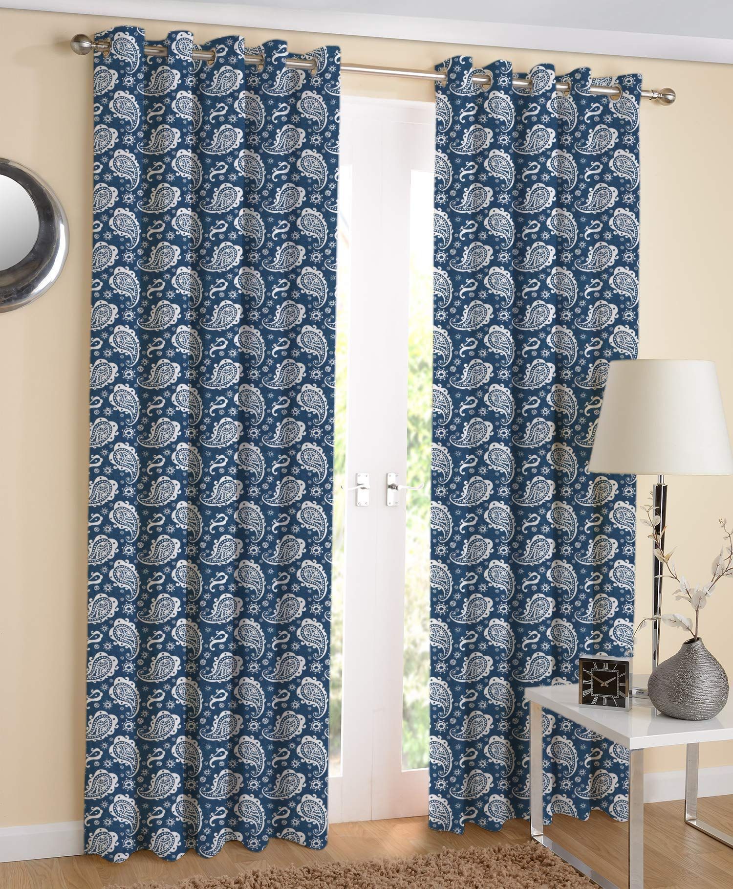 AIRWILL Blue Motif Pattern Cotton Blue Paisely Designed Long Door Curtains 4x9ft Pack of 2 Pieces