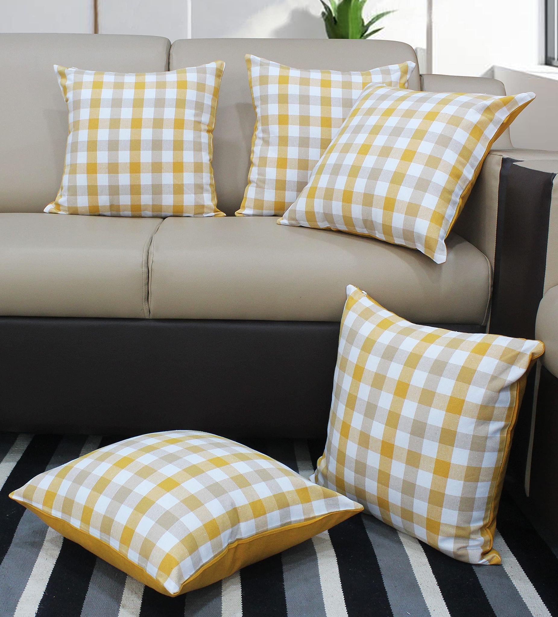 AIRWILL Cotton Lanfrancki Yellow Themed Cushion Covers for Cushions & Pillows (Yellow & Grey, Pack of 5)