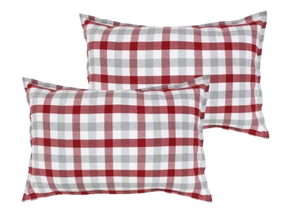 Airwill 100% Cotton Checkered Pattern Flap Pillow Covers (46x69cm)(Red, Grey, Pack of 2 Pieces)