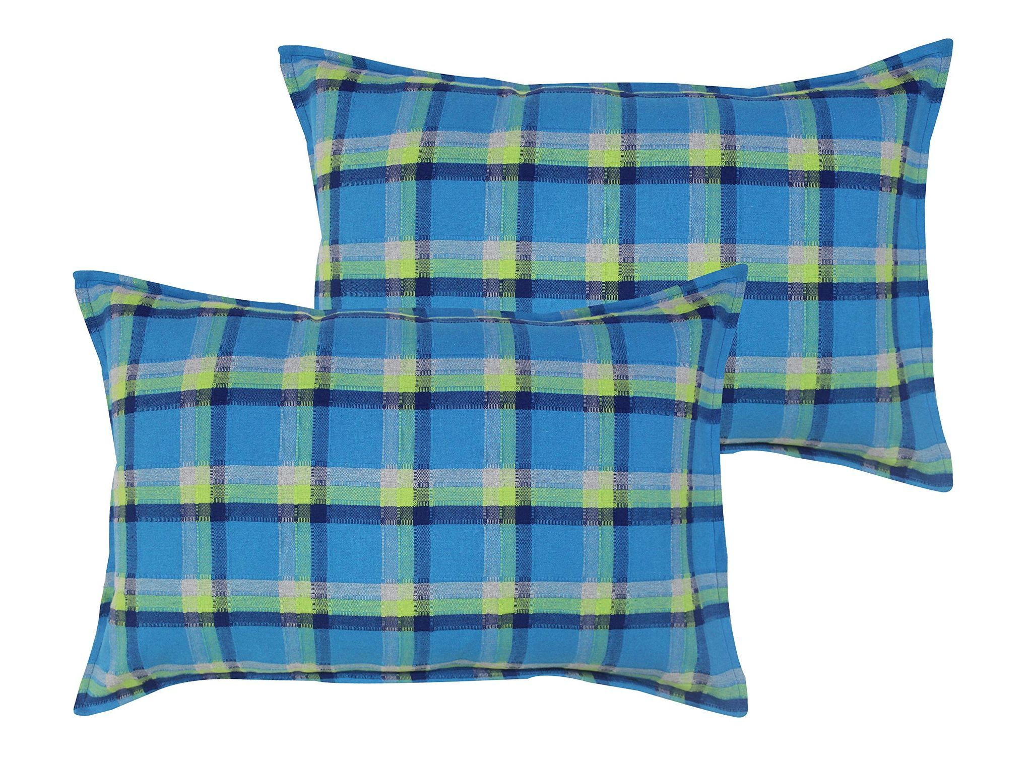 Airwill 100% Cotton Checkered Pattern Flap Pillow Covers (46x69cm)(Blue, Pack of 2 Pieces)