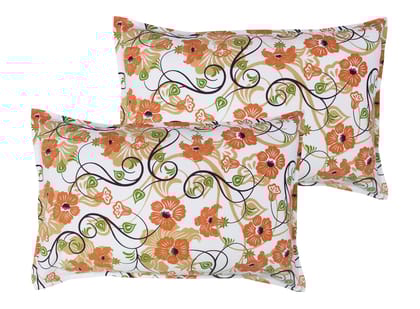 Airwill 100% Cotton Floral Pattern Flap Pillow Covers (46x69cm)(Orange, Green, Pack of 2 Pieces)