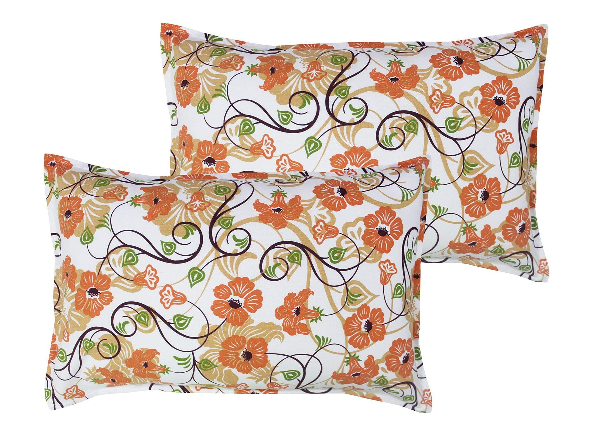 Airwill 100% Cotton Floral Pattern Flap Pillow Covers (46x69cm)(Orange, Green, Pack of 2 Pieces)