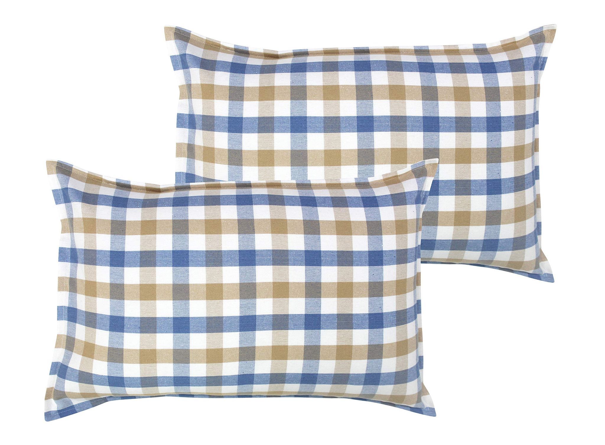 Airwill 100% Cotton Checkered Pattern Flap Pillow Covers (46x69cm)(Blue, Beige, Pack of 2 Pieces)