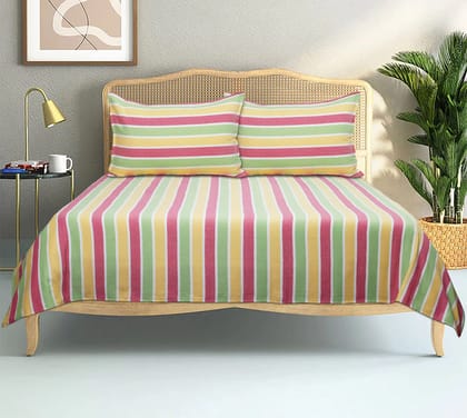 Airwill, 200GSM Handloom Cotton Double Bedsheet with 2 Pillow Covers, Rainbow Stripes Designed Pink, Green and Yellow - Pack of 3 pcs