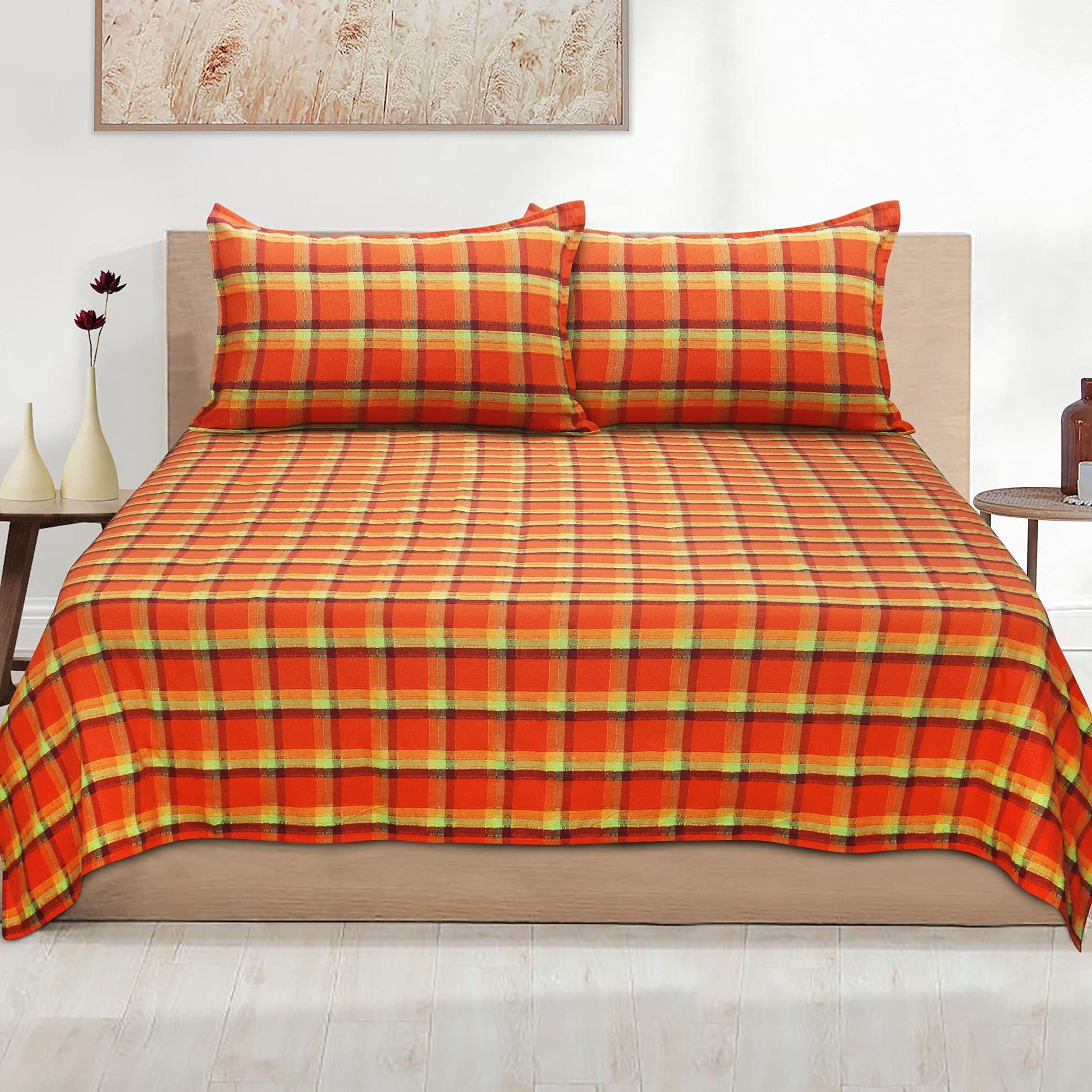 AIRWILL, 200GSM Handloom Cotton Double Bedsheet with 2 Pillow Covers, Iron Dobby Checked Designer Weaved Orange and Green - Pack of 3 pcs