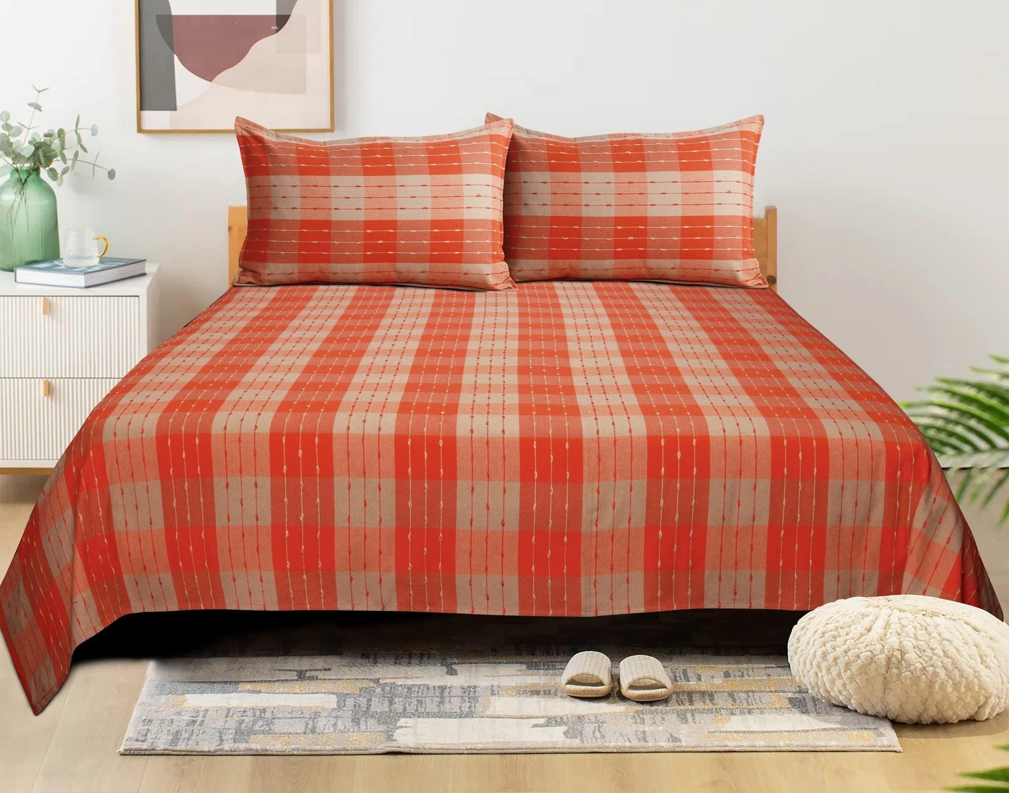 AIRWILL, 200GSM Handloom Cotton Double Bedsheet with 2 Pillow Covers, Beast Dobby Designed Orange and Beige - Pack of 3 pcs