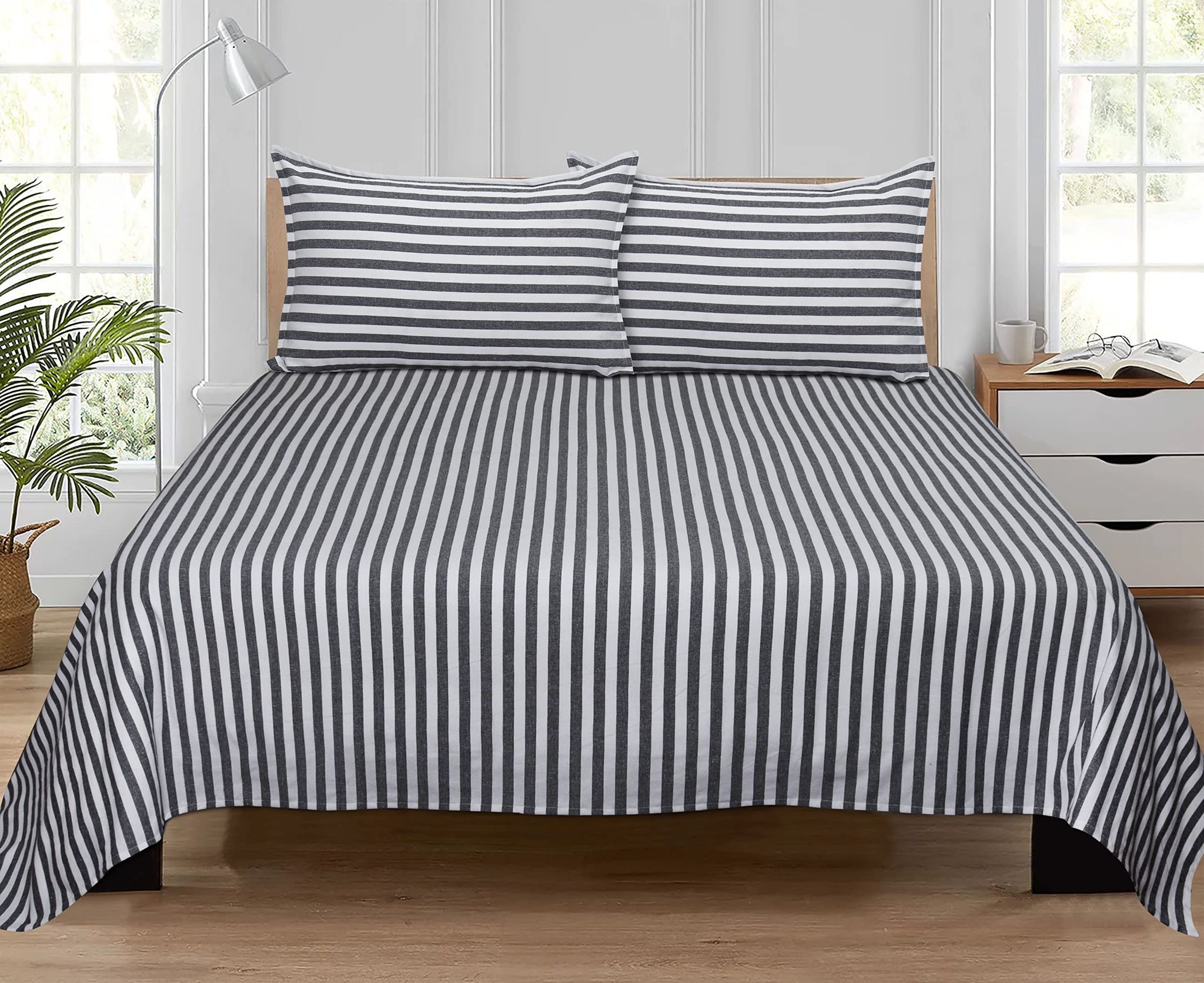 AIRWILL, 200GSM Handloom Cotton Double Bedsheet with 2 Pillow Covers, Candy Striped Designer Weaved Black - Pack of 3 pcs