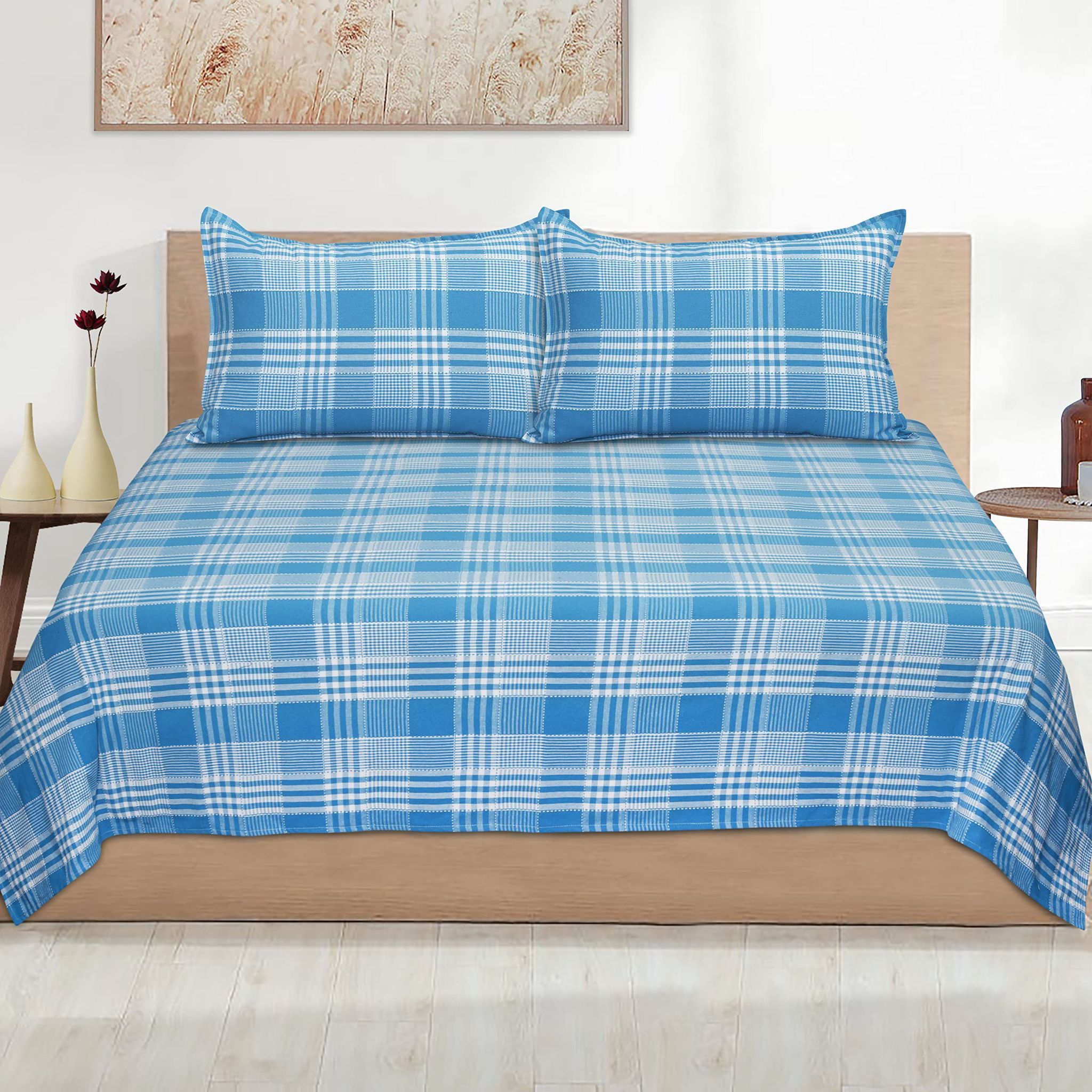AIRWILL, 200GSM Handloom Cotton Double Bedsheet with 2 Pillow Covers, Track Dobby Checks Designer Weaved Blue and White Combo - Pack of 3 pcs