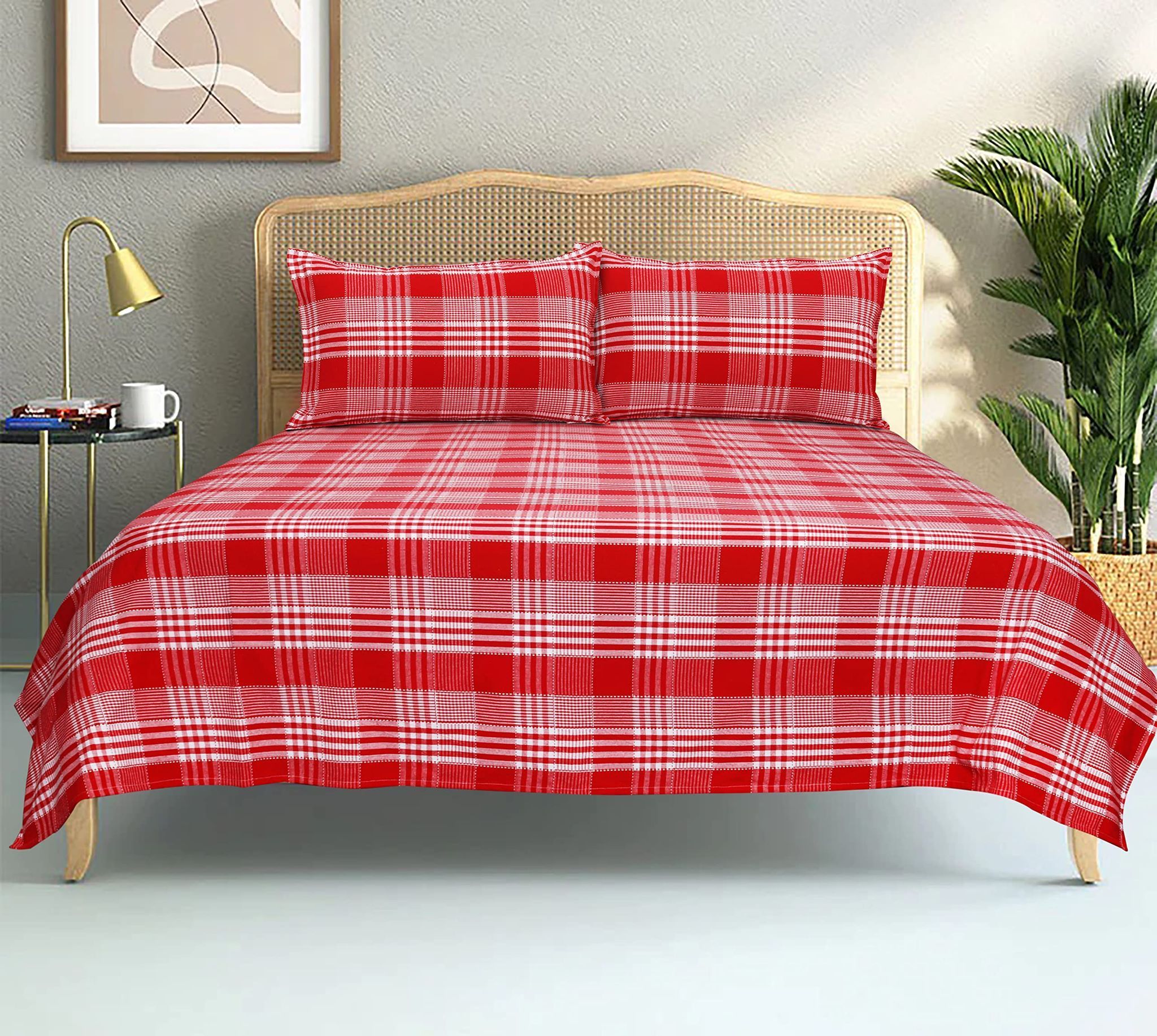 AIRWILL, 200GSM Handloom Cotton Double Bedsheet with 2 Pillow Covers, Track Dobby Checks Designer Weaved Red and White Combo - Pack of 3 pcs