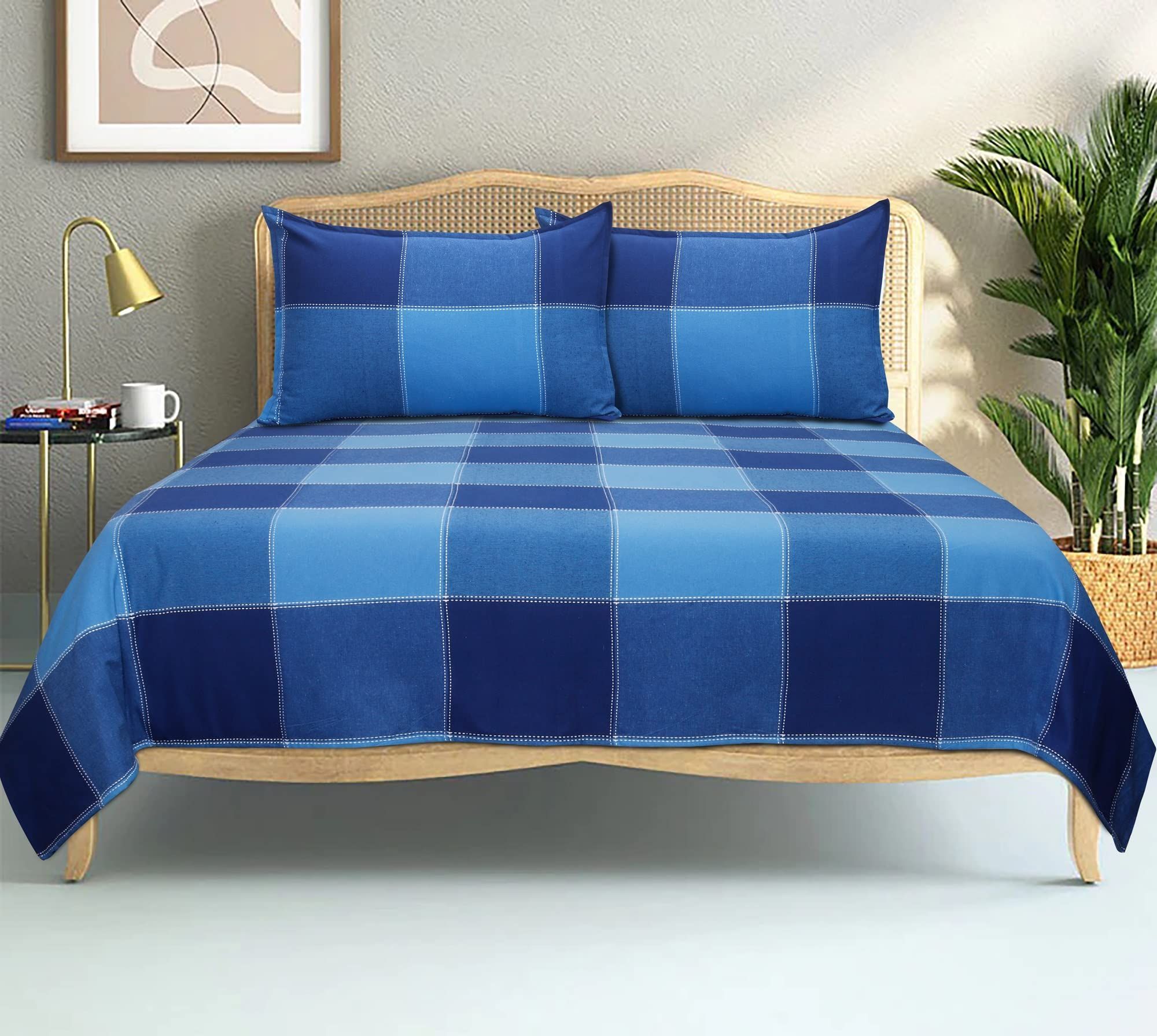 AIRWILL, 200GSM Handloom Cotton Double Bedsheet with 2 Pillow Covers, 4-Way Dobby Checked Designer Weaved Blue Combo - Pack of 3 pcs