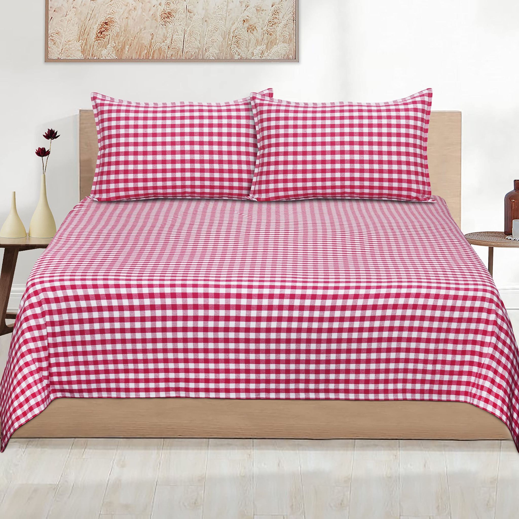 AIRWILL, 200GSM Handloom Cotton Double Bedsheet with 2 Pillow Covers, Gingham Checks Designer Weaved Rose and White Combo - Pack of 3 pcs