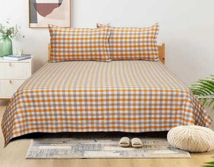 AIRWILL, 200GSM Handloom Cotton Double Bedsheet with 2 Pillow Covers, Lanfranki Equal Checks Designer Weaved Yellow and Beige - Pack of 3 pcs