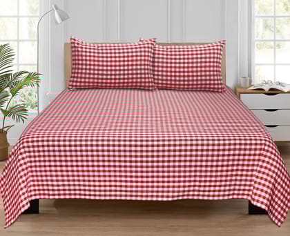 AIRWILL, 200GSM Handloom Cotton Double Bedsheet with 2 Pillow Covers, Gingham Checks Designer Weaved Red and White Combo - Pack of 3 pcs
