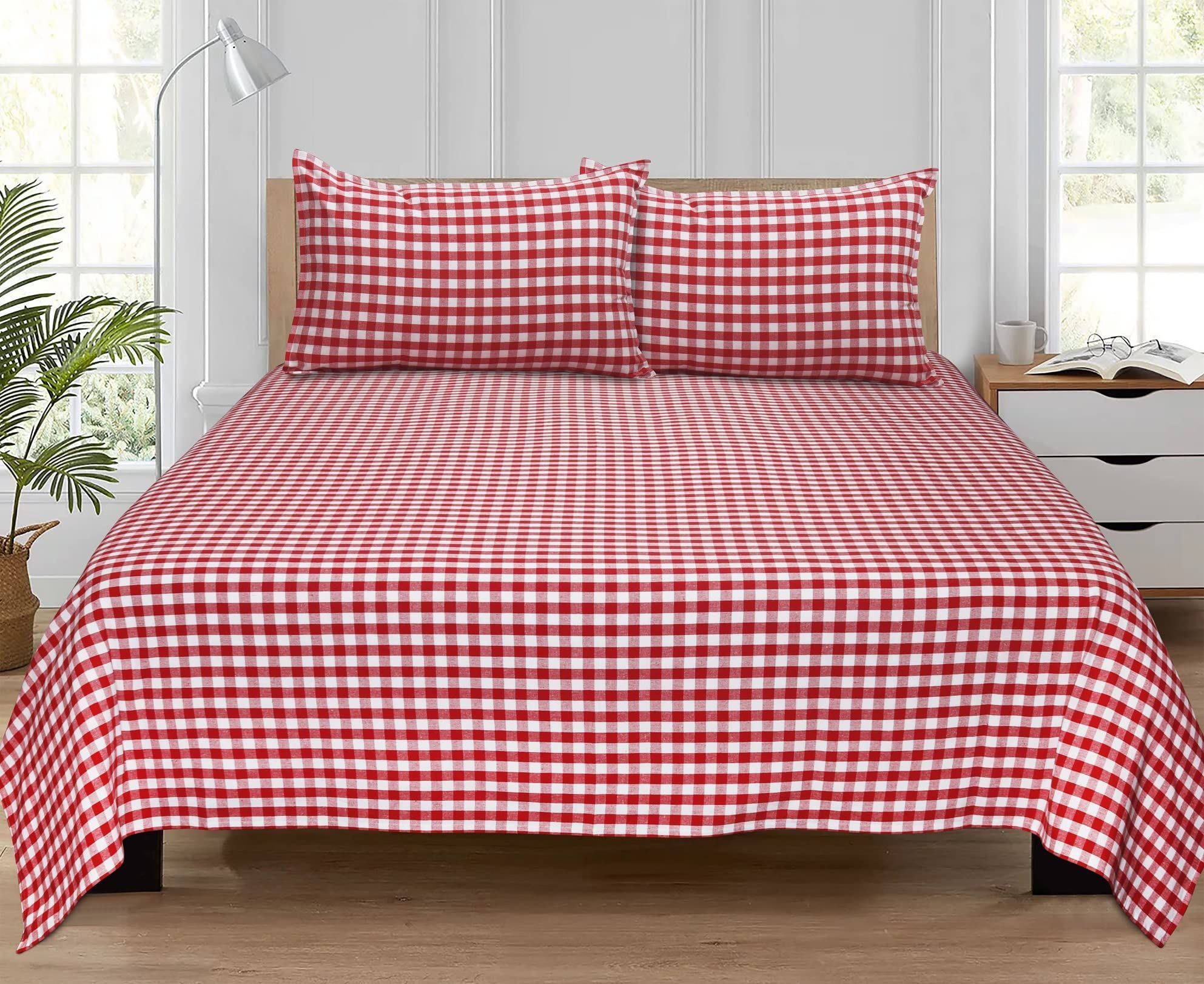 AIRWILL, 200GSM Handloom Cotton Double Bedsheet with 2 Pillow Covers, Gingham Checks Designer Weaved Red and White Combo - Pack of 3 pcs