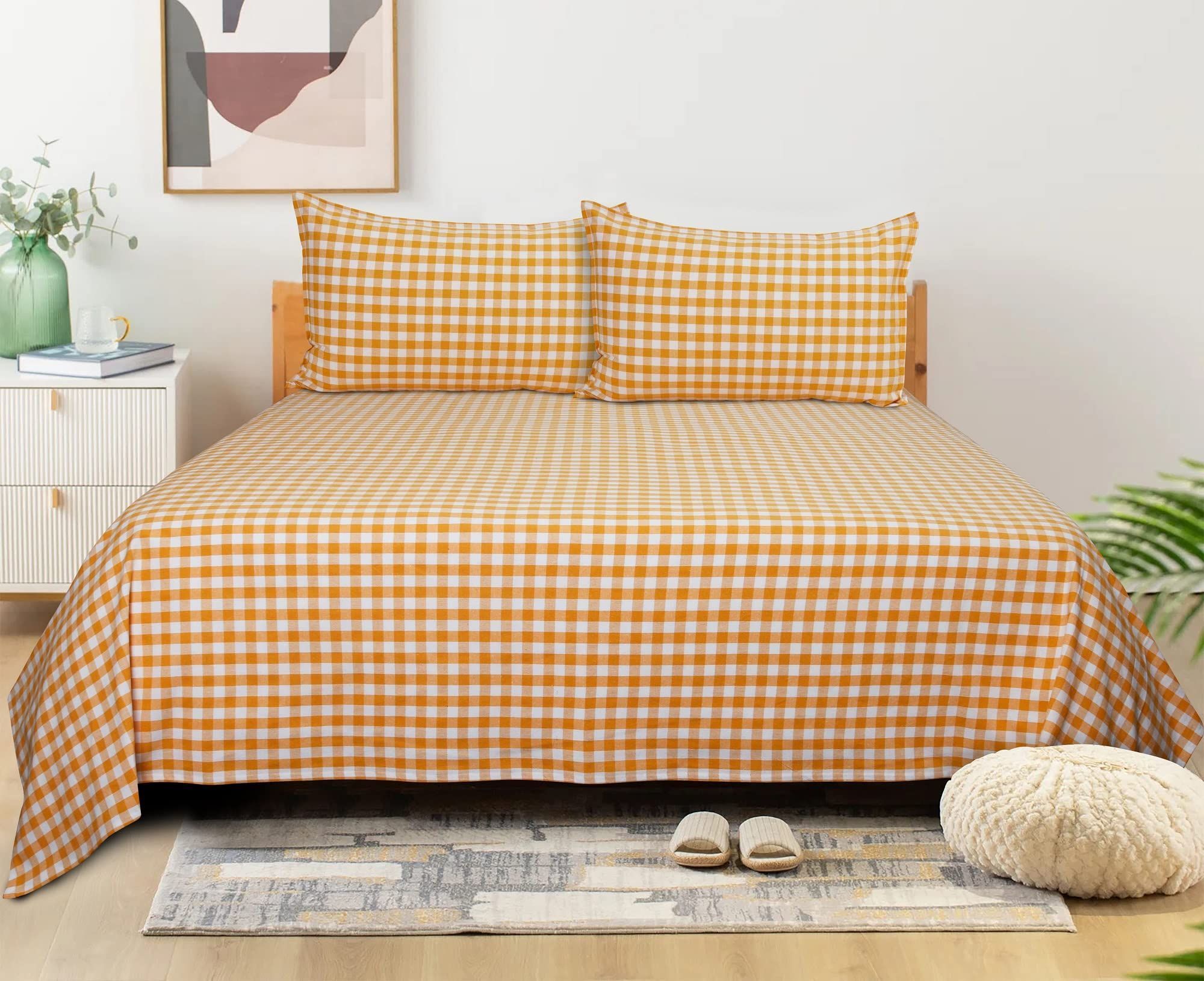 AIRWILL, 200GSM Handloom Cotton Double Bedsheet with 2 Pillow Covers, Gingham Checks Designer Weaved Yellow and White Combo - Pack of 3 pcs