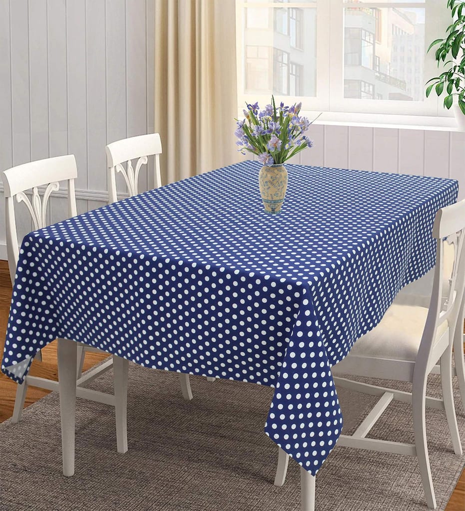 AIRWILL 100% Cotton Polka Pattern 4 Seater Square Table Cover Sized, 56x56 inches (Blue,White, Pack of 1)
