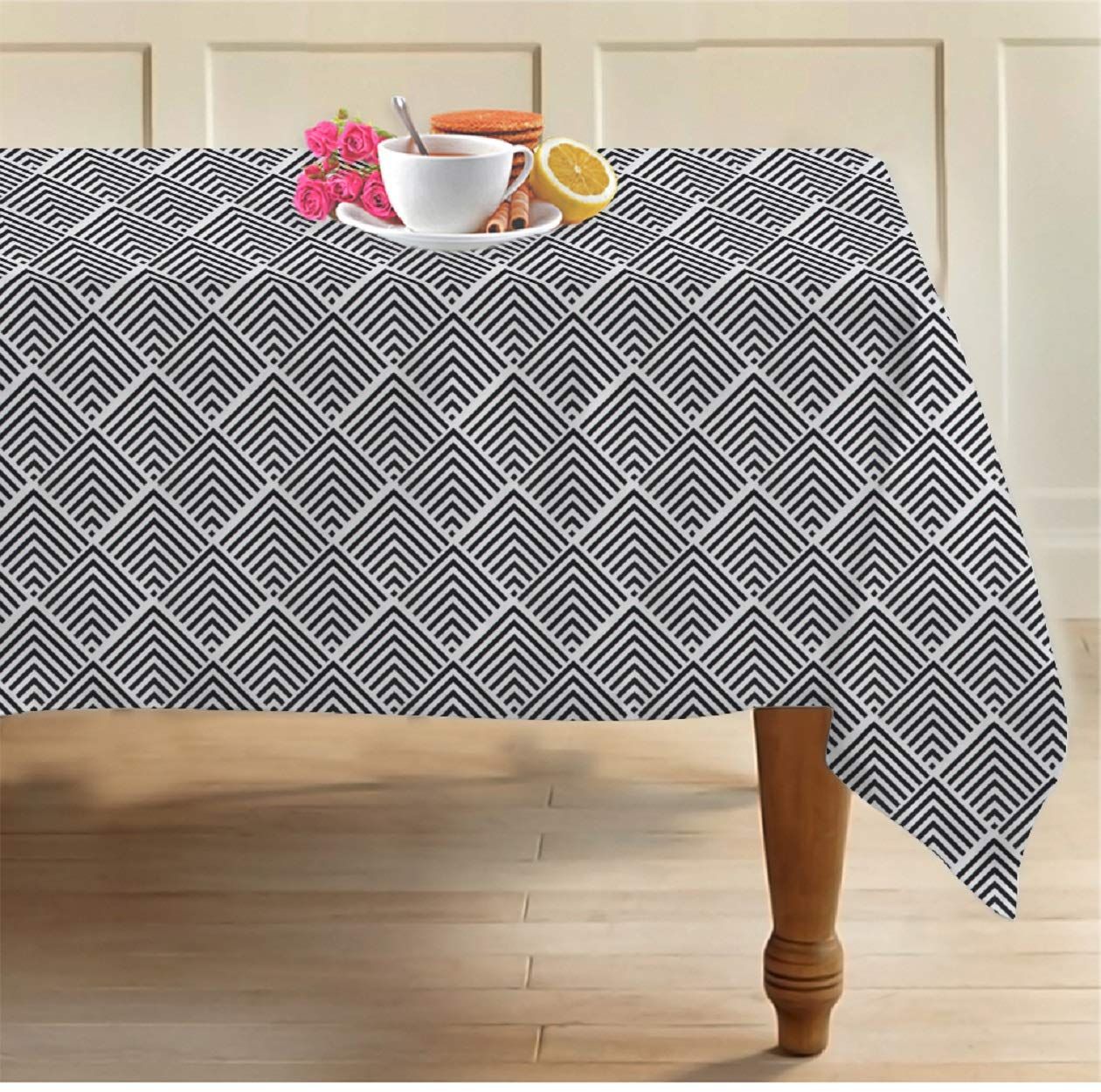 AIRWILL 100% Cotton Geometric Pattern 4 Seater Square Table Cover Sized, 56x56 inches (Black,White, Pack of 1)