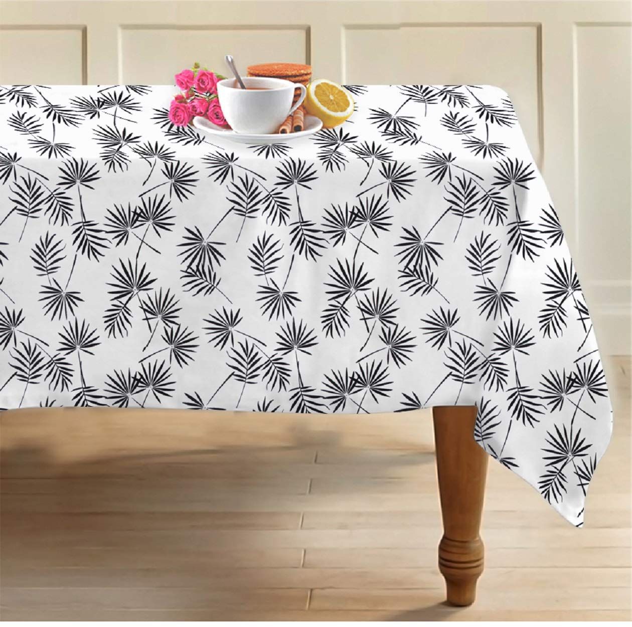 AIRWILL 100% Cotton Floral Pattern 4 Seater Square Table Cover Sized, 56x56 inches (Black,White, Pack of 1)